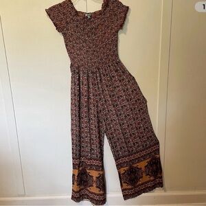 Nostalgia- Multicolor Smocked Wide-Leg Jumpsuit with Rust & Mustard Border